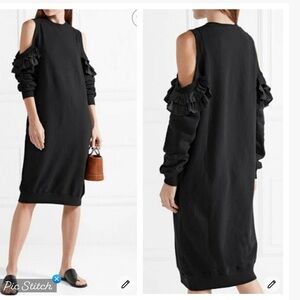 Clu Black Cold Shoulder Silk Ruffle Trim Sweatshirt Dress